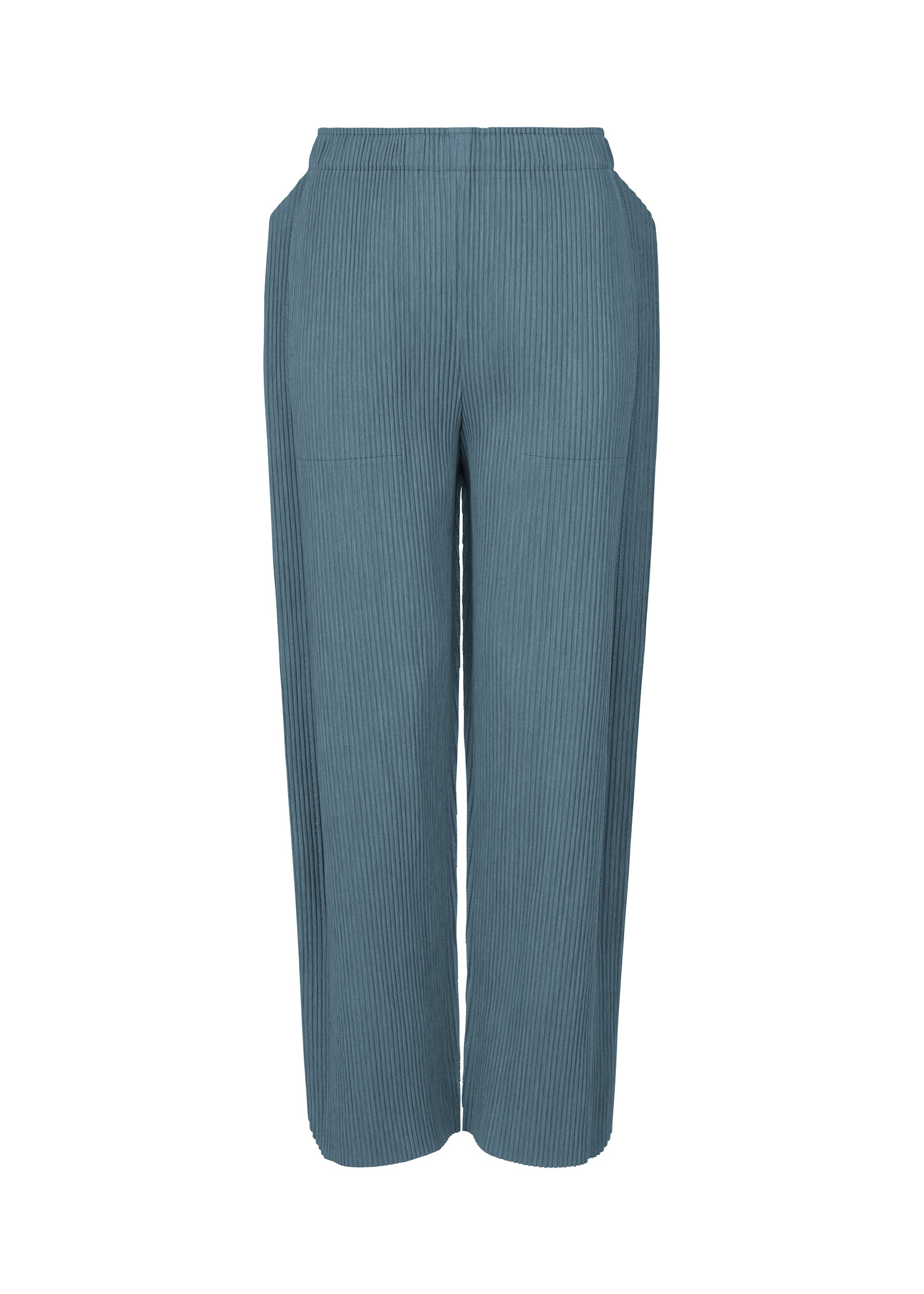 Zoomed view The MIX FINE KNIT PLEATS BOTTOM by me ISSEY MIYAKE features high-waisted, straight-leg ribbed blue knit pants with an elastic waistband and side pockets, shown against a white background. - BLUE-HUED （no.78）
