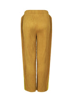 The MIX FINE KNIT PLEATS BOTTOM by me ISSEY MIYAKE are tan high-waist corduroy pants with straight legs, a slight flare at the hem, and a vertical ribbed texture reminiscent of fine knit pleats. Shown from the back.