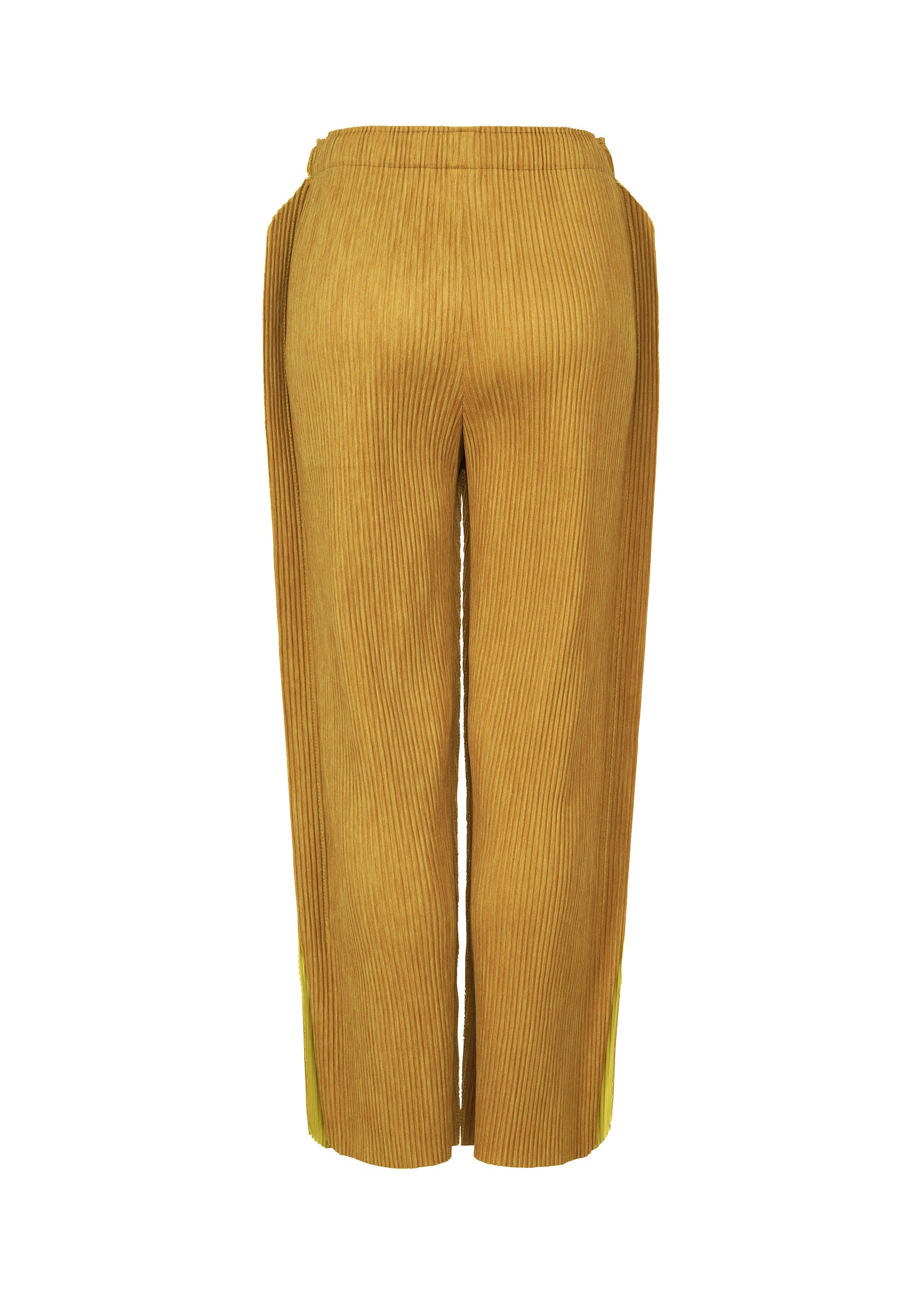 Zoomed view The MIX FINE KNIT PLEATS BOTTOM by me ISSEY MIYAKE are tan high-waist corduroy pants with straight legs, a slight flare at the hem, and a vertical ribbed texture reminiscent of fine knit pleats. Shown from the back.