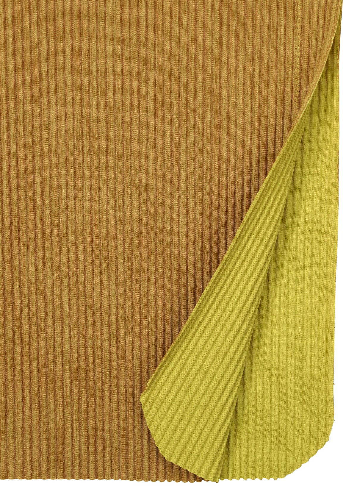 A close-up of MIX FINE KNIT PLEATS BOTTOM by me ISSEY MIYAKE, featuring pleated knitwear with a brown front and light yellow back, one corner folded to reveal the underside—ideal for fine knit pleats pants or similar styles. view 5 of 7