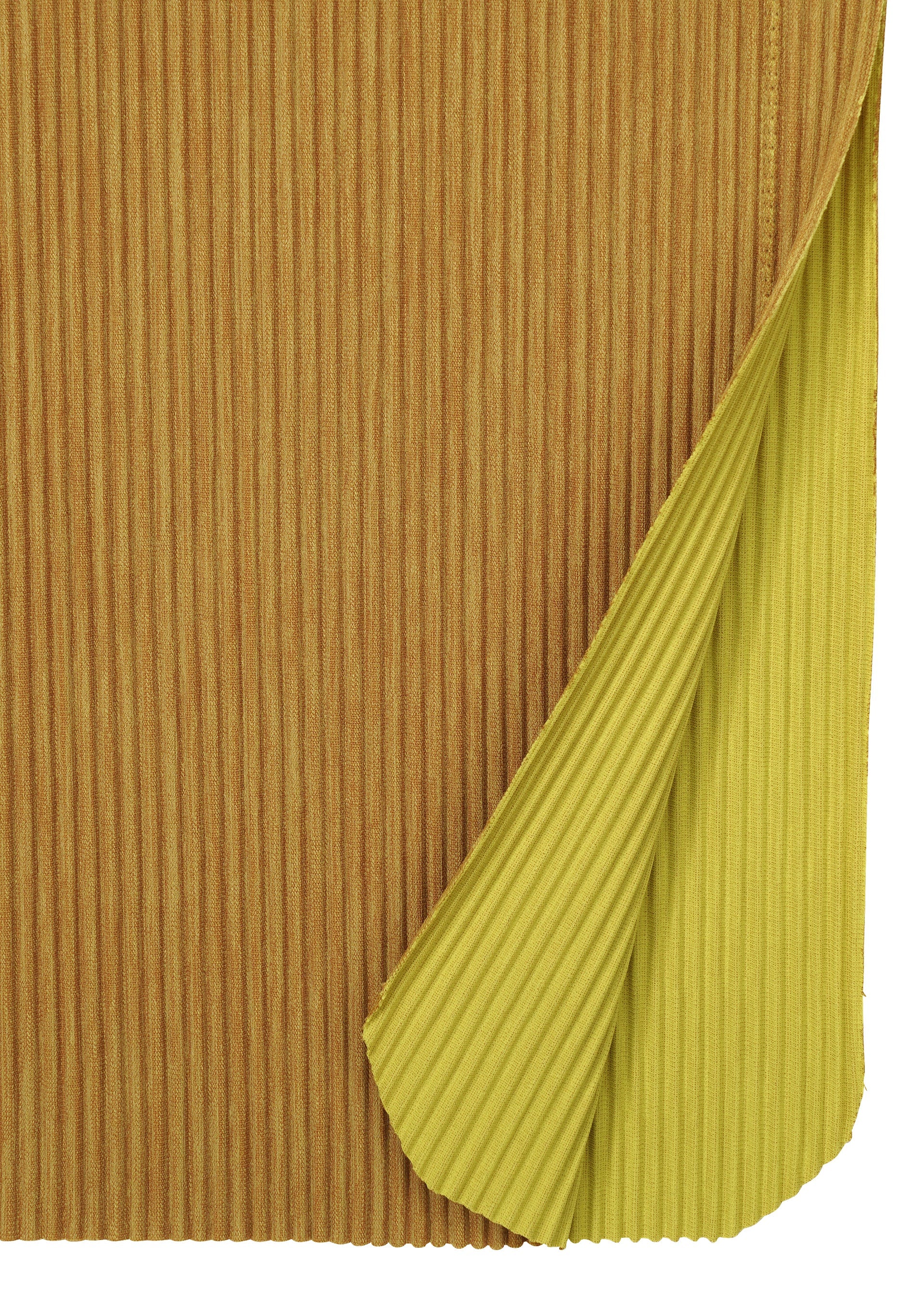Zoomed view A close-up of MIX FINE KNIT PLEATS BOTTOM by me ISSEY MIYAKE, featuring pleated knitwear with a brown front and light yellow back, one corner folded to reveal the underside—ideal for fine knit pleats pants or similar styles.