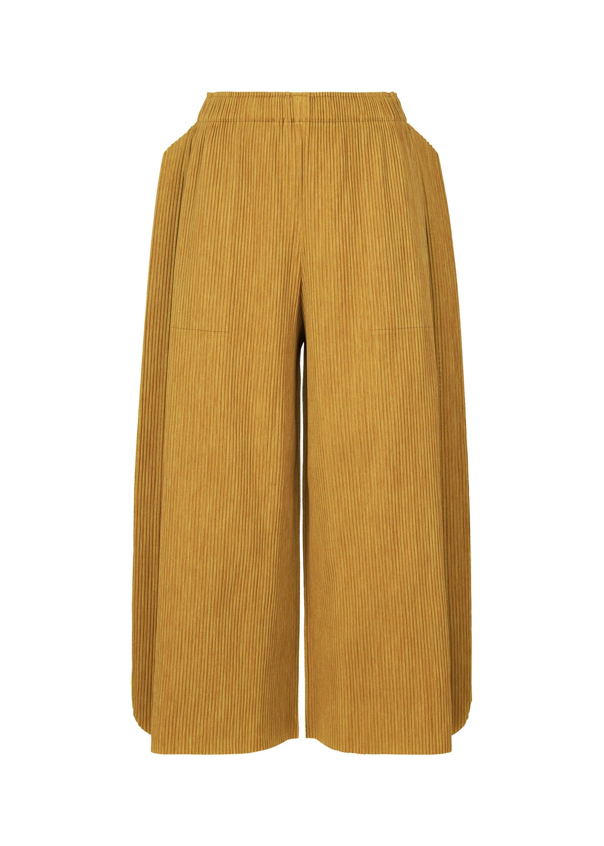The MIX FINE KNIT PLEATS BOTTOM by me ISSEY MIYAKE features wide-leg, high-waisted pleated pants in mustard yellow with an elastic waistband, shown against a plain white background. view 1 of 8