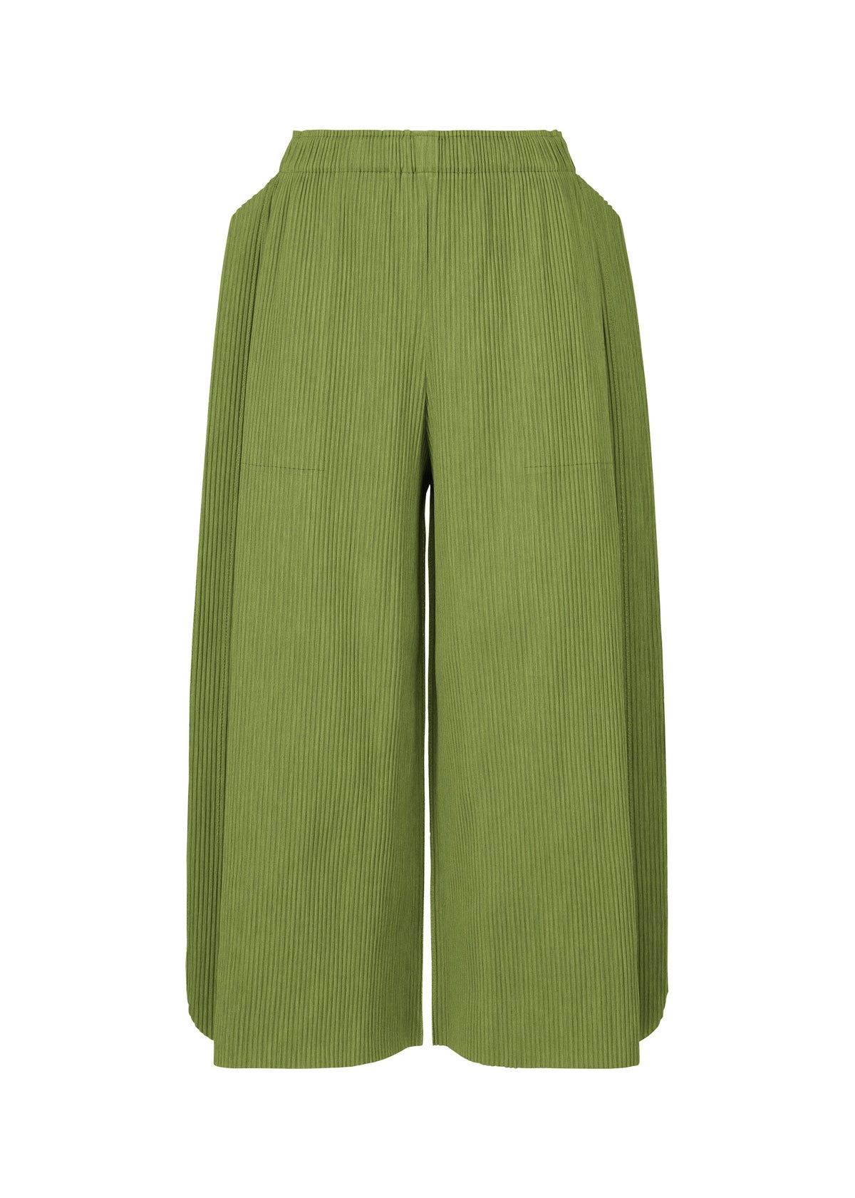 The MIX FINE KNIT PLEATS BOTTOM by me ISSEY MIYAKE are green, wide-leg, high-waisted pants with fine knit pleats and an elastic waistband for a relaxed, lightweight fit. Shown against a white background. view 2 of 8