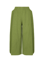 The MIX FINE KNIT PLEATS BOTTOM by me ISSEY MIYAKE are green, wide-leg, high-waisted pants with fine knit pleats and an elastic waistband for a relaxed, lightweight fit. Shown against a white background. - GREEN-HUED （no.69）