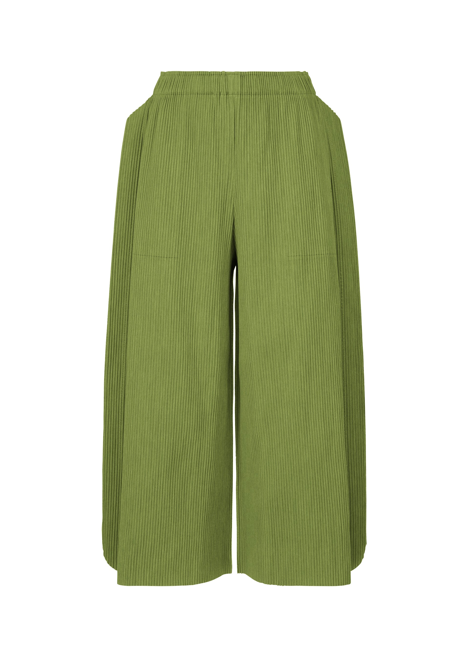 Zoomed view The MIX FINE KNIT PLEATS BOTTOM by me ISSEY MIYAKE are green, wide-leg, high-waisted pants with fine knit pleats and an elastic waistband for a relaxed, lightweight fit. Shown against a white background. - GREEN-HUED （no.69）