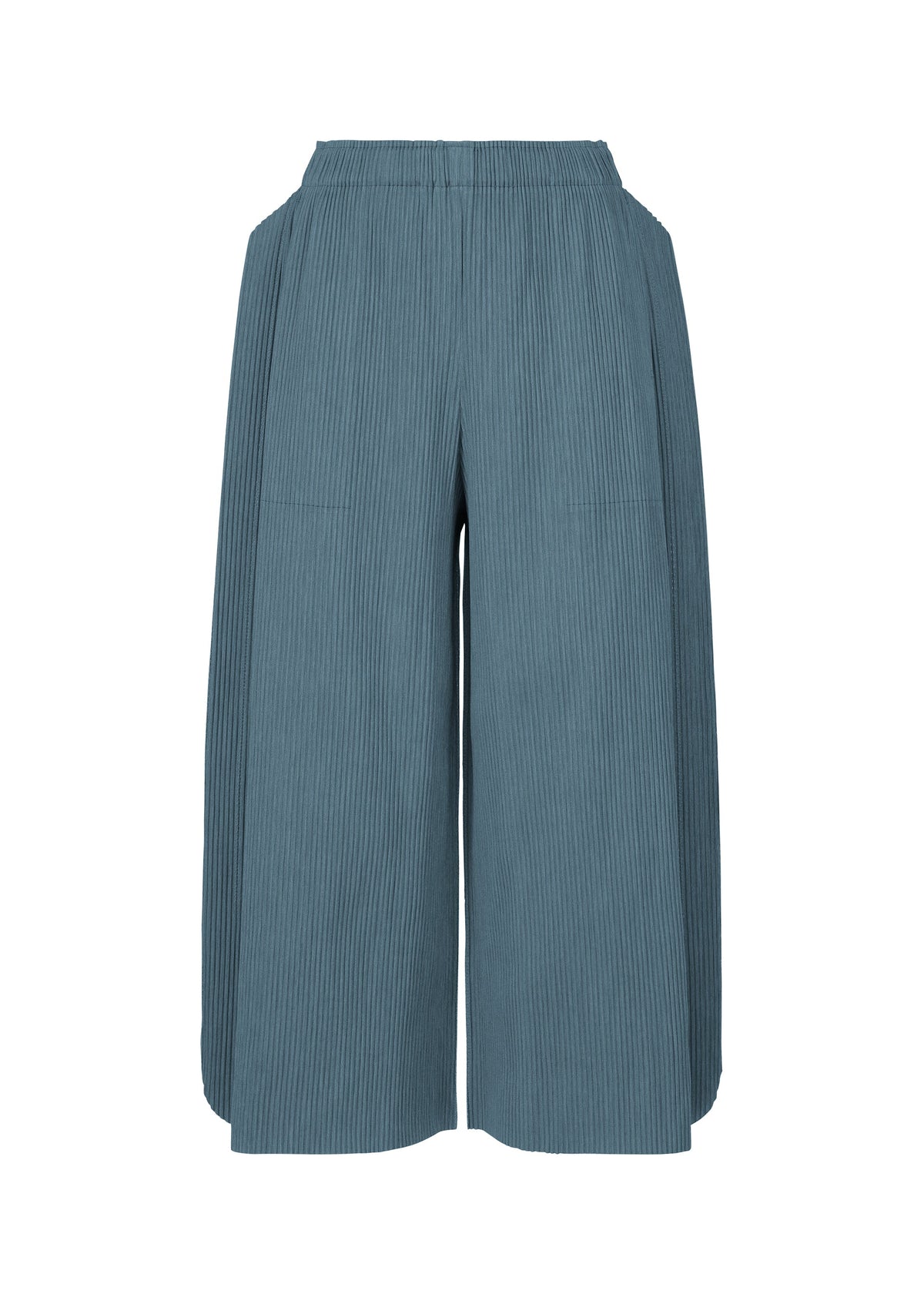 The MIX FINE KNIT PLEATS BOTTOM by me ISSEY MIYAKE are lightweight, high-waisted blue pants with an elastic waistband, wide legs, ribbed texture, side pockets, and cropped length. Shown on a plain white background. view 3 of 8