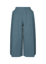 The MIX FINE KNIT PLEATS BOTTOM by me ISSEY MIYAKE are lightweight, high-waisted blue pants with an elastic waistband, wide legs, ribbed texture, side pockets, and cropped length. Shown on a plain white background. - BLUE-HUED （no.78）