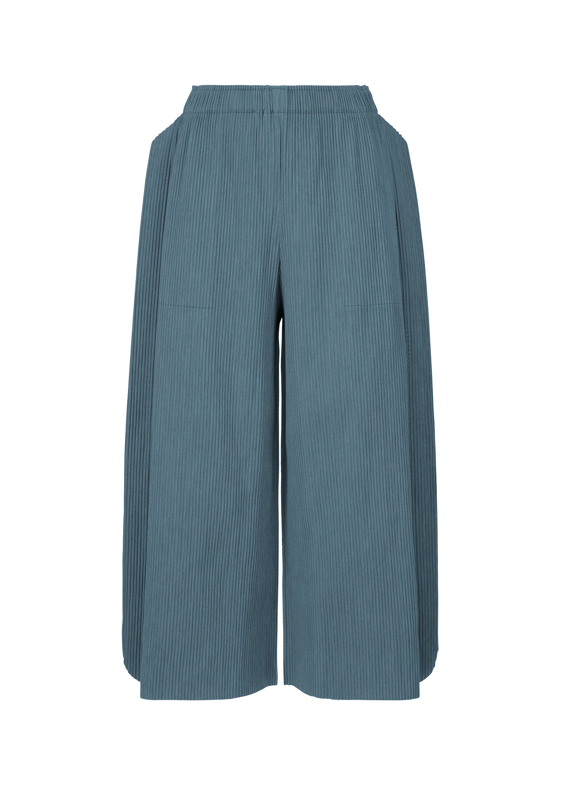 Zoomed view The MIX FINE KNIT PLEATS BOTTOM by me ISSEY MIYAKE are lightweight, high-waisted blue pants with an elastic waistband, wide legs, ribbed texture, side pockets, and cropped length. Shown on a plain white background. - BLUE-HUED （no.78）
