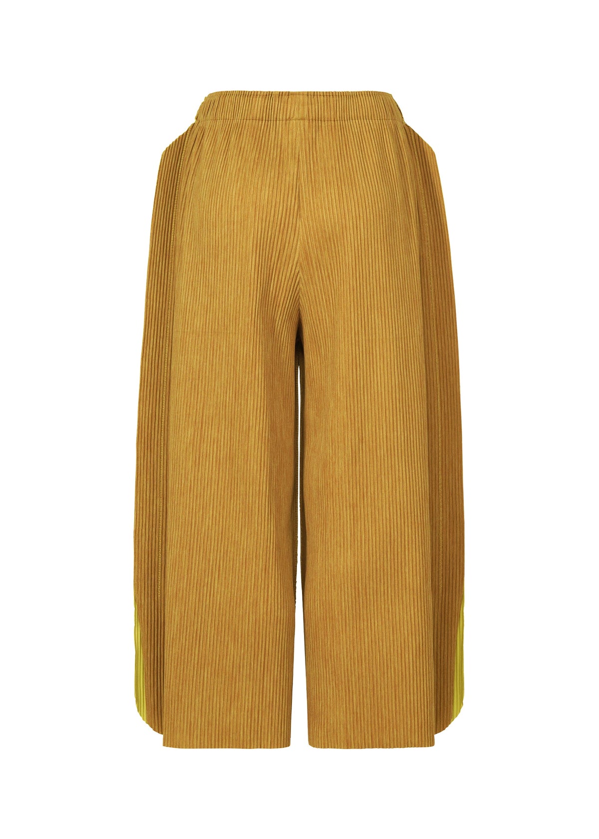 The MIX FINE KNIT PLEATS BOTTOM by me ISSEY MIYAKE features wide legs, a high waist, and a cropped silhouette in mustard yellow, crafted from lightweight fabric and shown against a white background. view 4 of 8