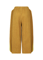 The MIX FINE KNIT PLEATS BOTTOM by me ISSEY MIYAKE features wide legs, a high waist, and a cropped silhouette in mustard yellow, crafted from lightweight fabric and shown against a white background.