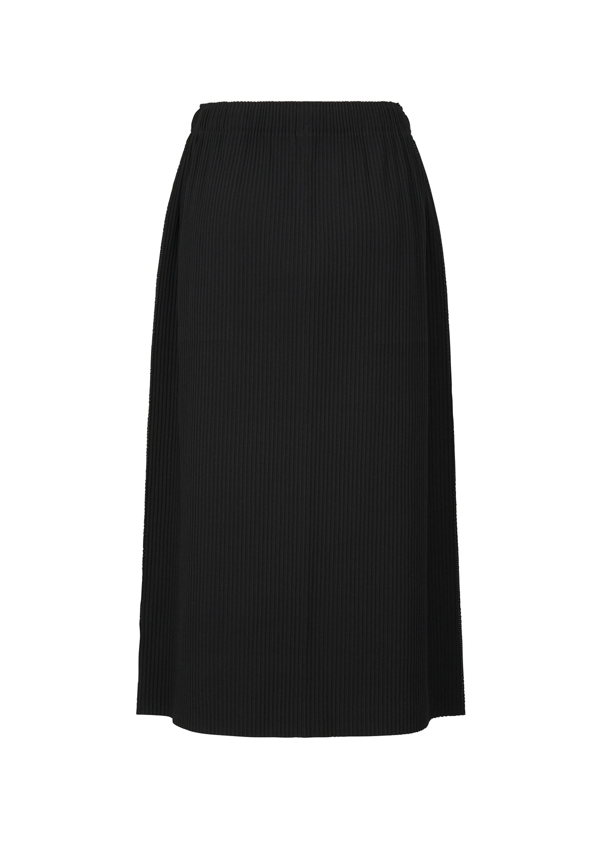 The FINE KNIT PLEATS BLACK skirt by me ISSEY MIYAKE is a black, knee-length pleated knit skirt with an elastic waistband, shown against a white background. view 2 of 6