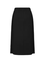 The FINE KNIT PLEATS BLACK skirt by me ISSEY MIYAKE is a black, knee-length pleated knit skirt with an elastic waistband, shown against a white background.