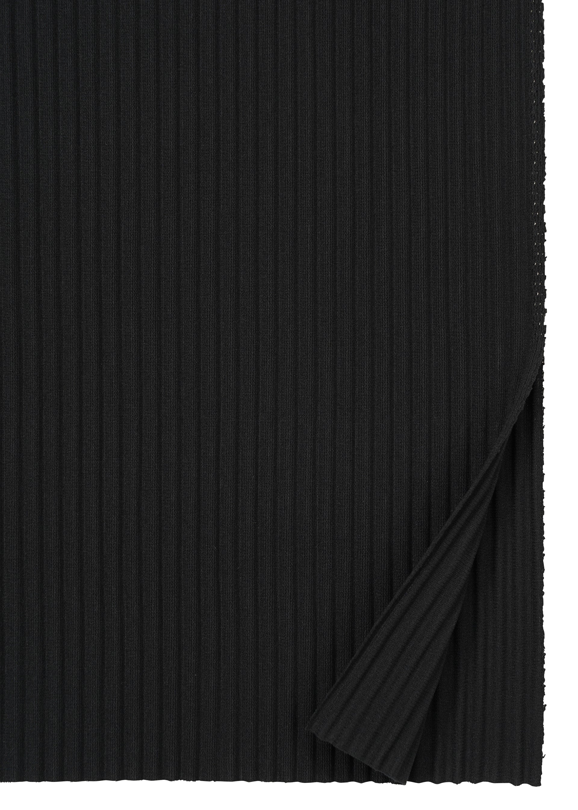 Zoomed view Close-up of FINE KNIT PLEATS BLACK by me ISSEY MIYAKE: black ribbed fabric with vertical textured lines, perfect for a pleated knit skirt. A corner is folded over, showing the matching underside.