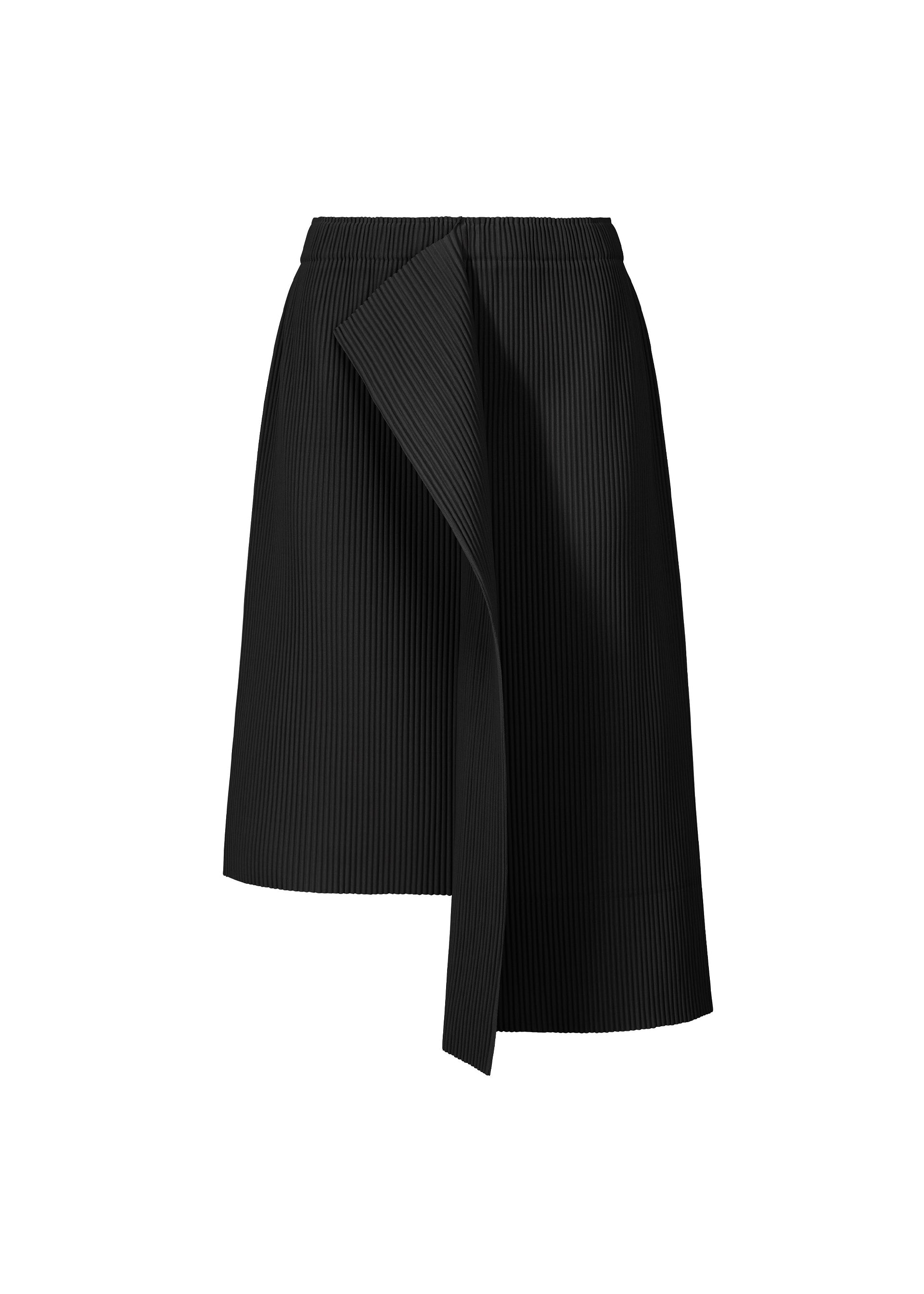 Zoomed view The TRICK PLEATS skirt by me ISSEY MIYAKE is a black, knee-length fine knit design with vertical pinstripes and an asymmetric front draped panel, creating a modern, three-dimensional silhouette against a white background. - BLACK （no.15）