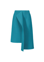The TRICK PLEATS skirt by me ISSEY MIYAKE is a knee-length, teal blue lightweight pleated piece featuring an asymmetrical front panel and three-dimensional silhouette, shown against a white background. - TURQUOISE （no.73）