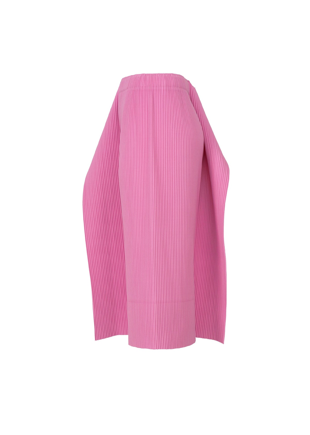 The TRICK PLEATS skirt by me ISSEY MIYAKE is a knee-length, high-waisted pink pleated piece with an asymmetric draped detail on one side, giving it a sculptural and modern three-dimensional silhouette. view 5 of 9