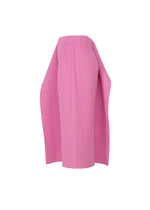 The TRICK PLEATS skirt by me ISSEY MIYAKE is a knee-length, high-waisted pink pleated piece with an asymmetric draped detail on one side, giving it a sculptural and modern three-dimensional silhouette.