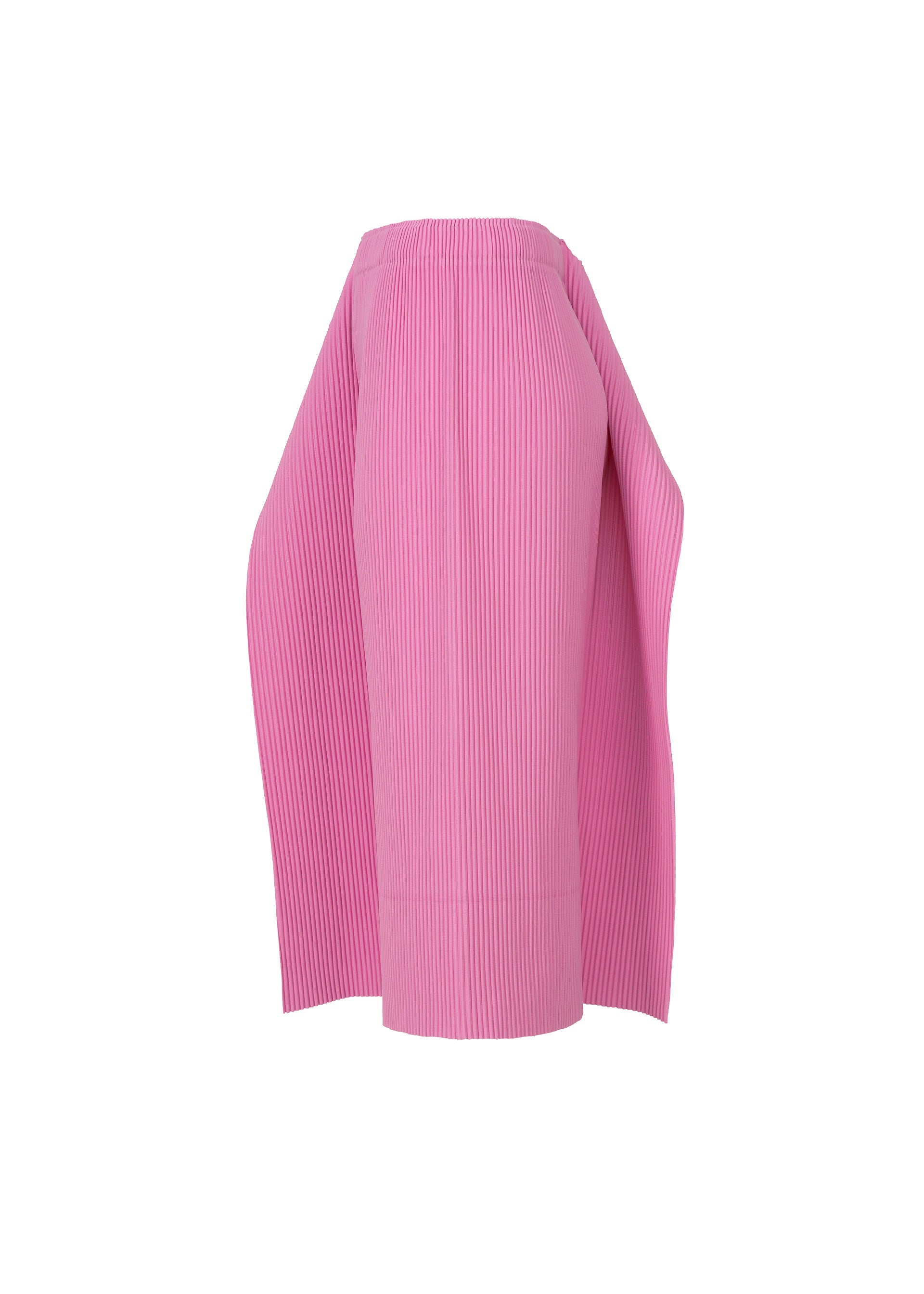Zoomed view The TRICK PLEATS skirt by me ISSEY MIYAKE is a knee-length, high-waisted pink pleated piece with an asymmetric draped detail on one side, giving it a sculptural and modern three-dimensional silhouette.