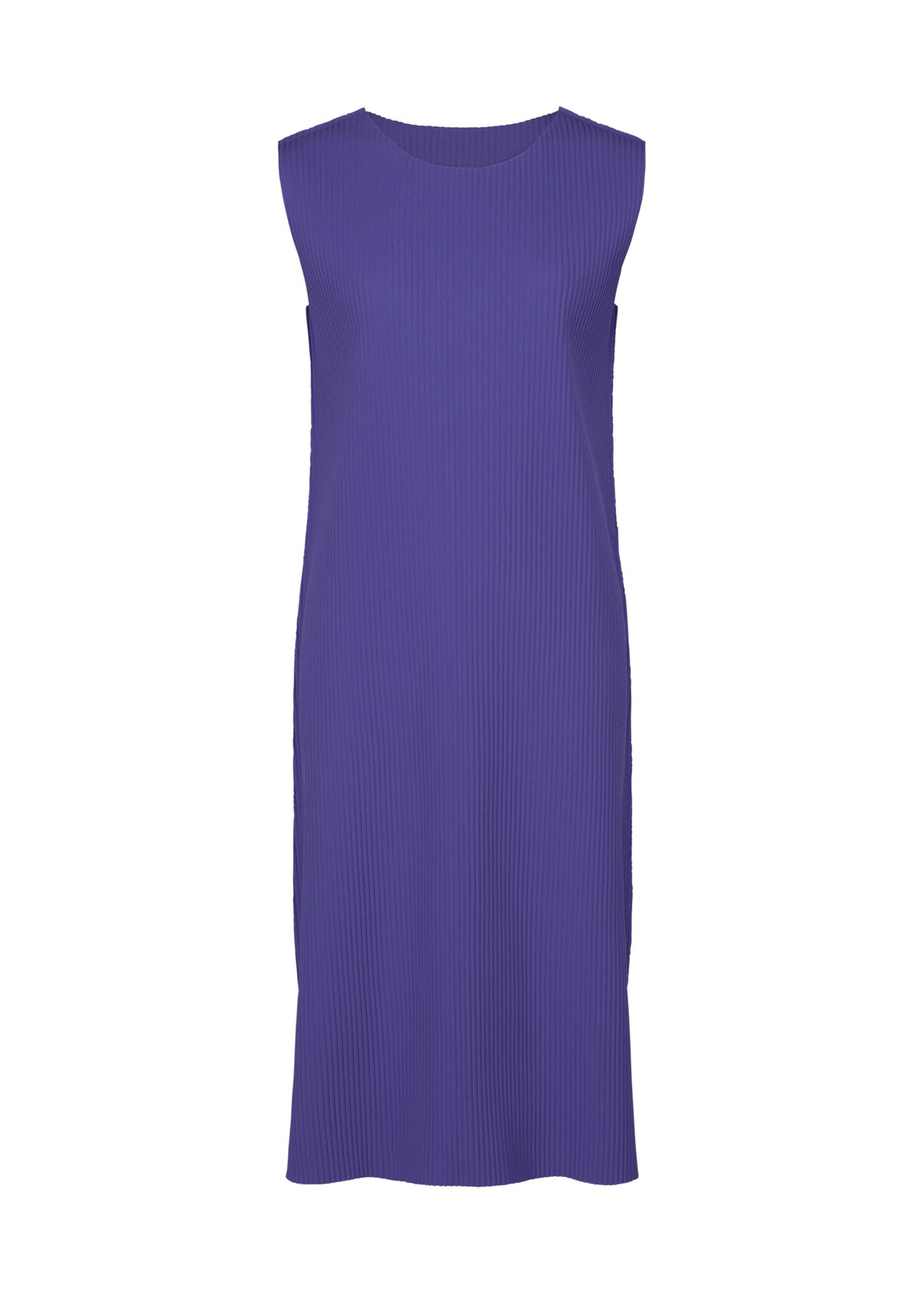 The FINE KNIT PLEATS COLOR 1 by me ISSEY MIYAKE is a sleeveless, knee-length dress in solid purple with a round neckline, straight relaxed fit, and subtle ribbed texture. Shown on a plain white background. view 3 of 8