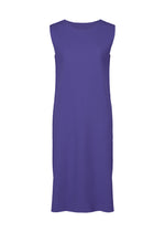 The FINE KNIT PLEATS COLOR 1 by me ISSEY MIYAKE is a sleeveless, knee-length dress in solid purple with a round neckline, straight relaxed fit, and subtle ribbed texture. Shown on a plain white background. - COBALT BLUE （no.74）