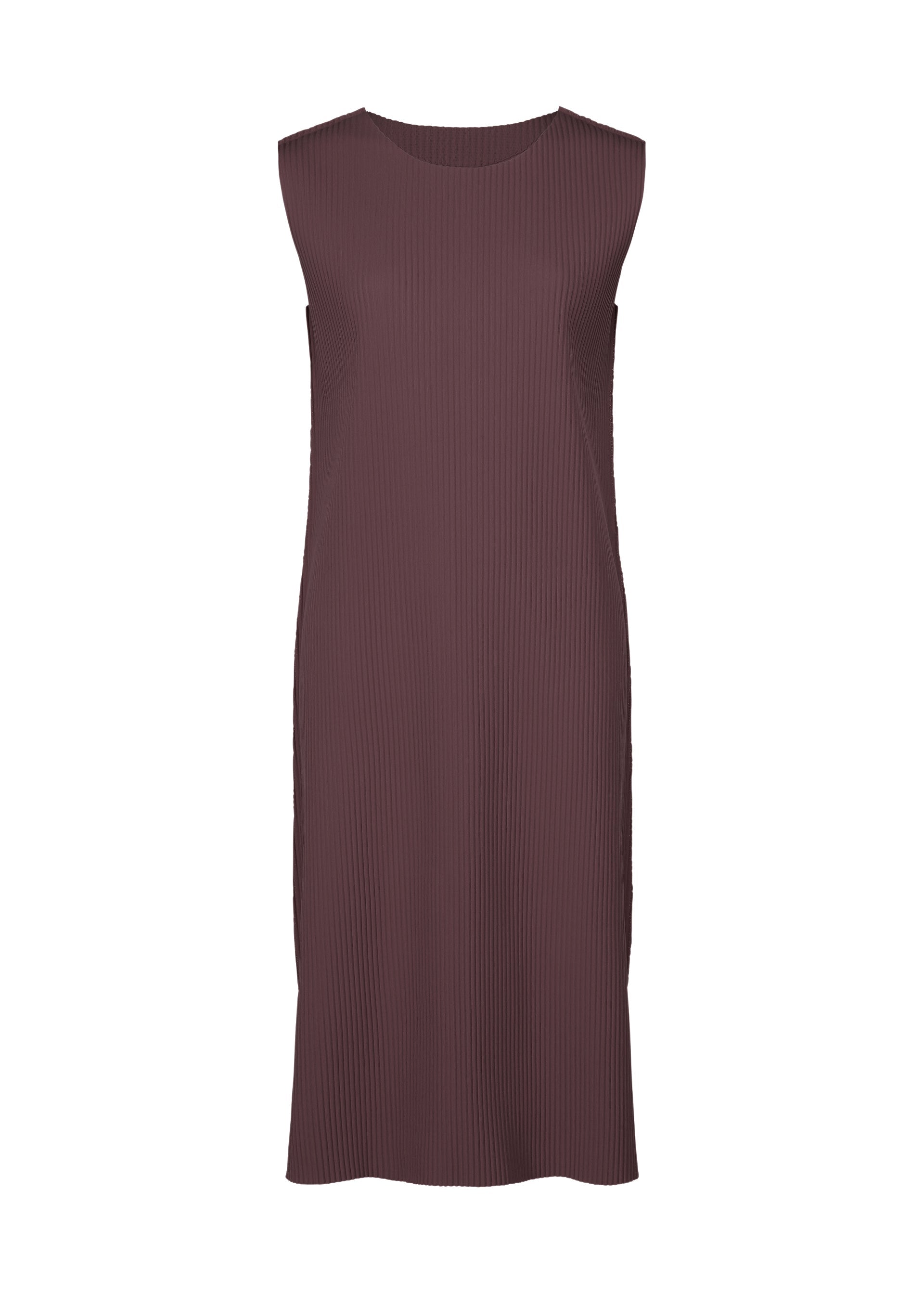 Zoomed view The FINE KNIT PLEATS COLOR 1 dress by me ISSEY MIYAKE is a sleeveless, midi-length ribbed knit in dark mauve, with a round neckline, shown against a white background. - BORDEAUX （no.84）