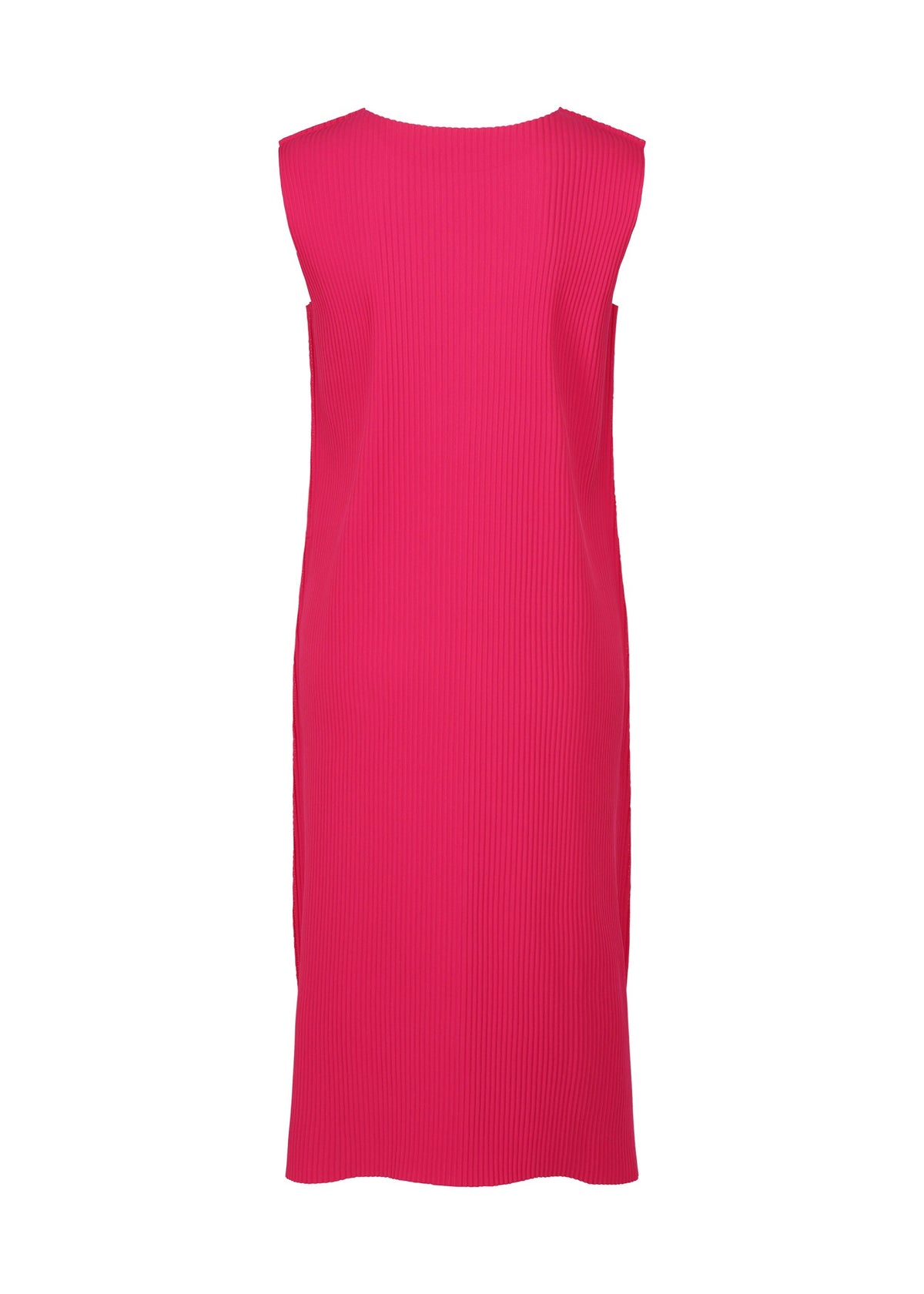 The FINE KNIT PLEATS COLOR 1 dress by me ISSEY MIYAKE is a sleeveless, knee-length, bright pink fine knit with vertical ribbed texture and a straight silhouette, displayed on a plain white background. view 5 of 8