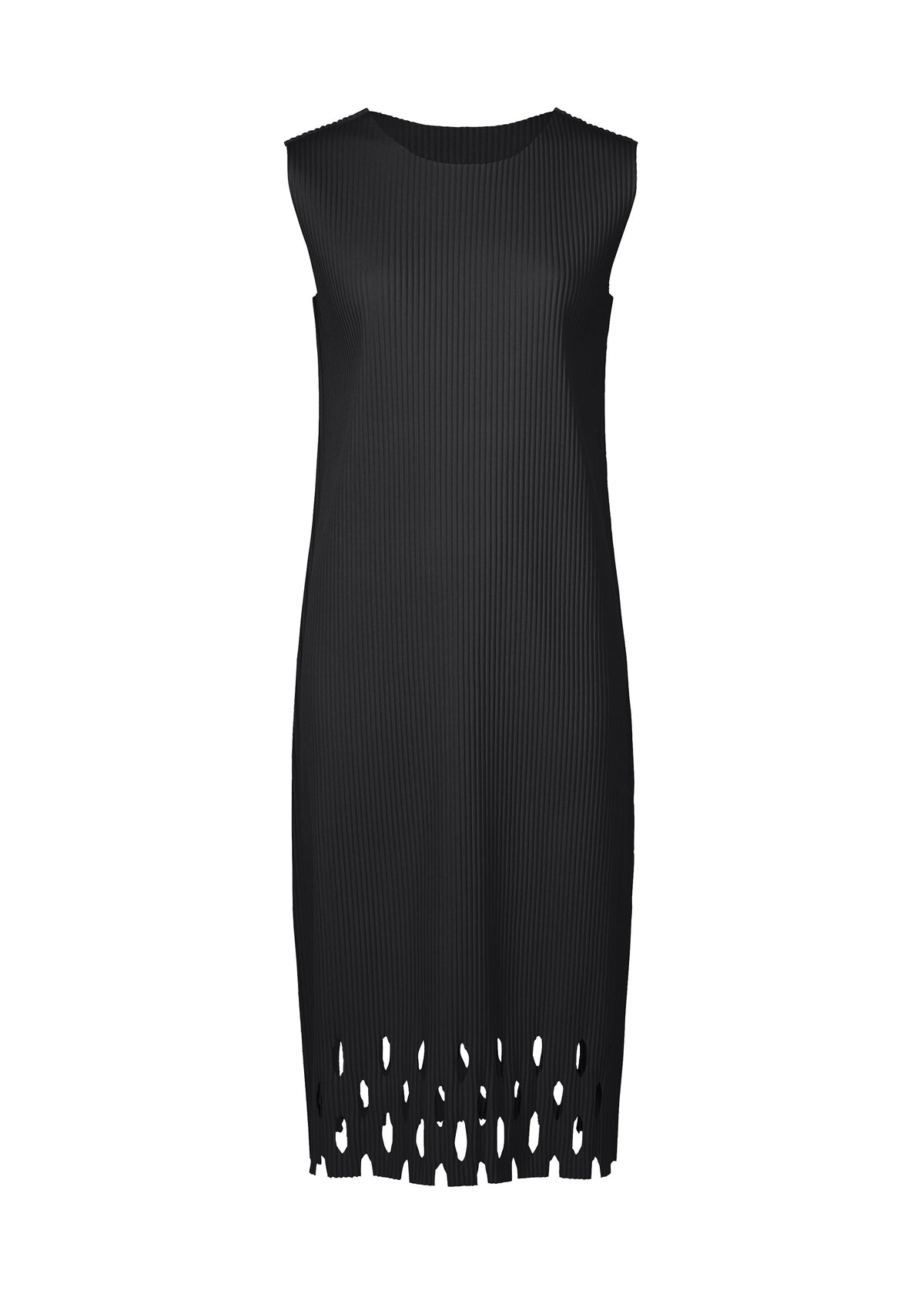 The APERTURE PLEATS dress by me ISSEY MIYAKE is a sleeveless black midi with a ribbed texture, laser-cut irregular oval hem, straight silhouette, and round neckline—combining knit pleats for effortless sophistication. view 2 of 6