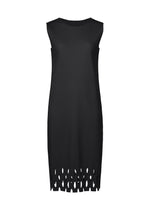 The APERTURE PLEATS dress by me ISSEY MIYAKE is a sleeveless black midi with a ribbed texture, laser-cut irregular oval hem, straight silhouette, and round neckline—combining knit pleats for effortless sophistication. - BLACK （no.15）