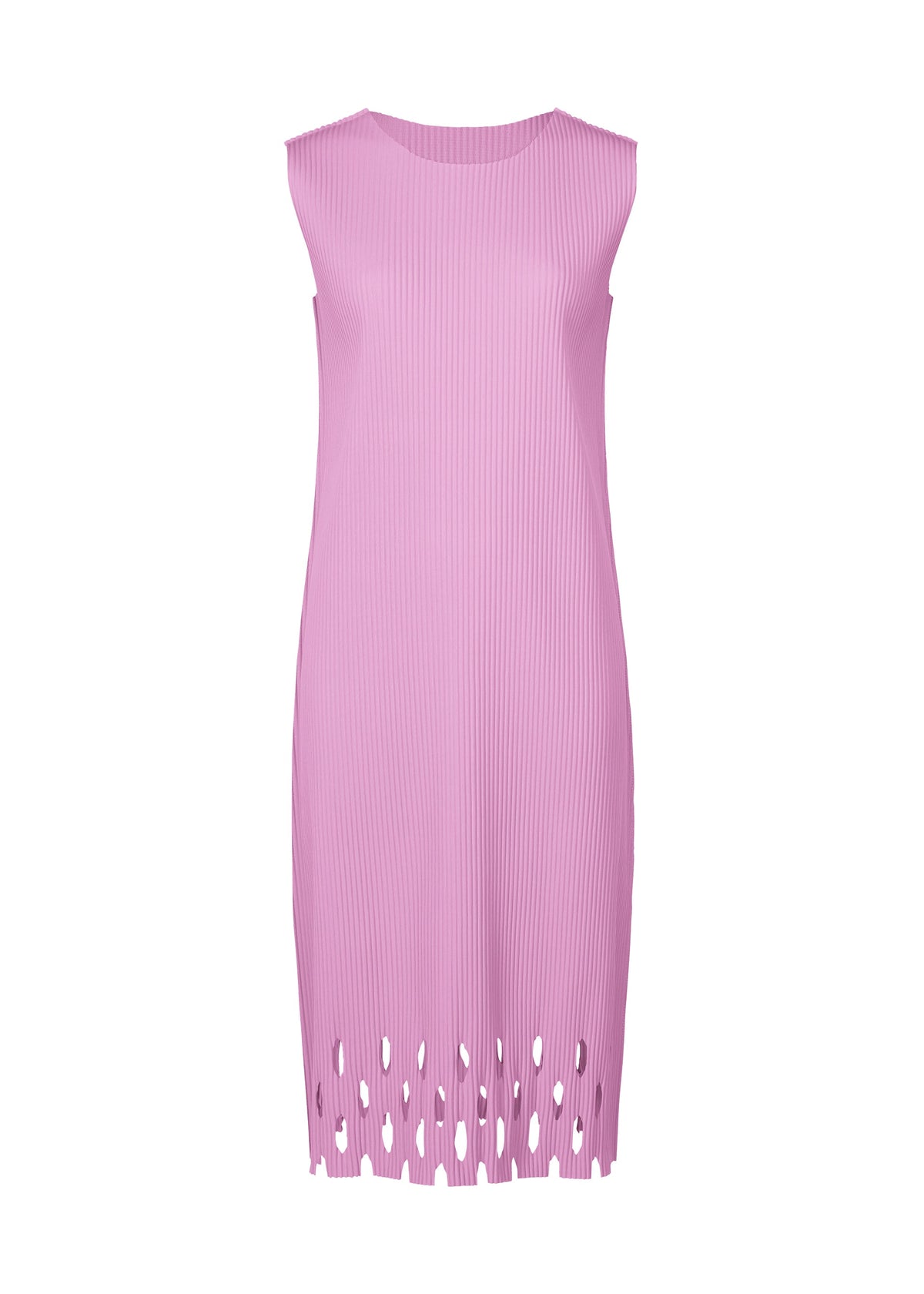 The APERTURE PLEATS dress by me ISSEY MIYAKE is a sleeveless, ribbed, light pink fine knit piece with a straight silhouette, knee-length hem, and cutout details at the bottom. view 3 of 6