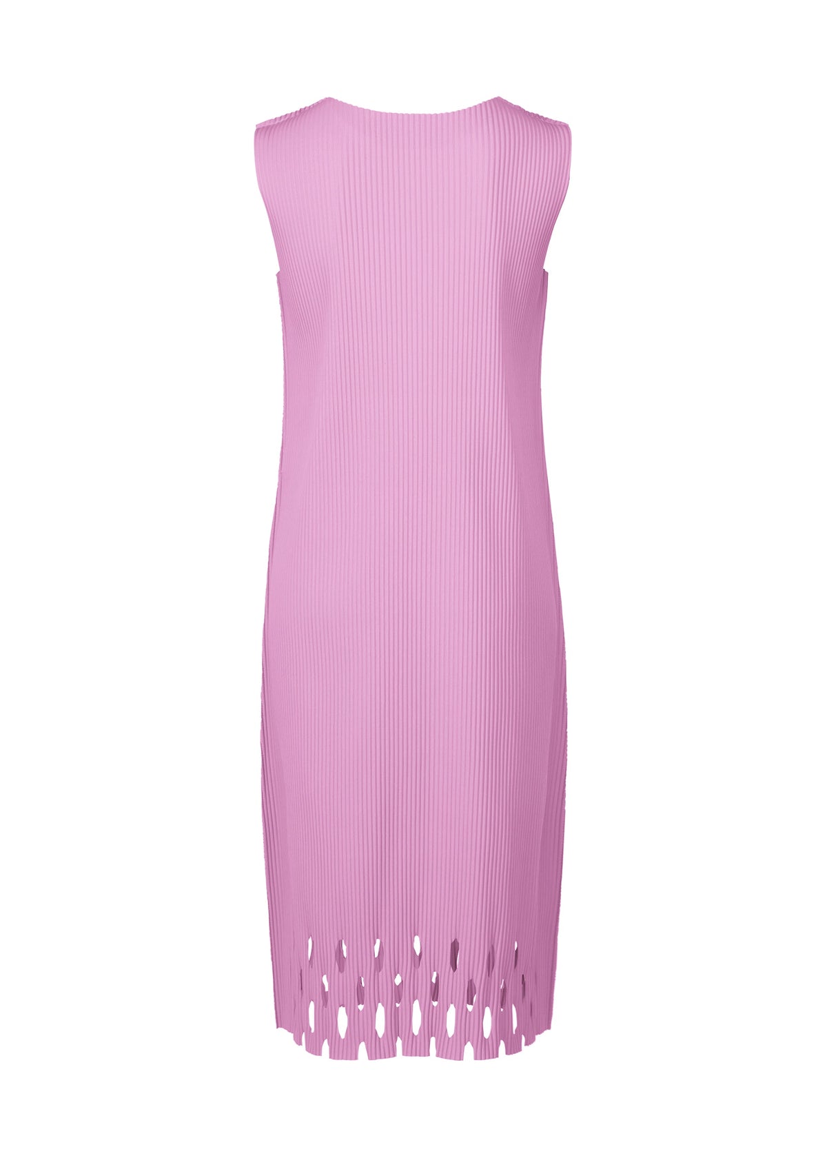 The APERTURE PLEATS dress by me ISSEY MIYAKE is a sleeveless, knee-length pink pleated dress with oval cutout patterns along the hem, displayed on a plain white background. view 4 of 6