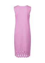 The APERTURE PLEATS dress by me ISSEY MIYAKE is a sleeveless, knee-length pink pleated dress with oval cutout patterns along the hem, displayed on a plain white background.