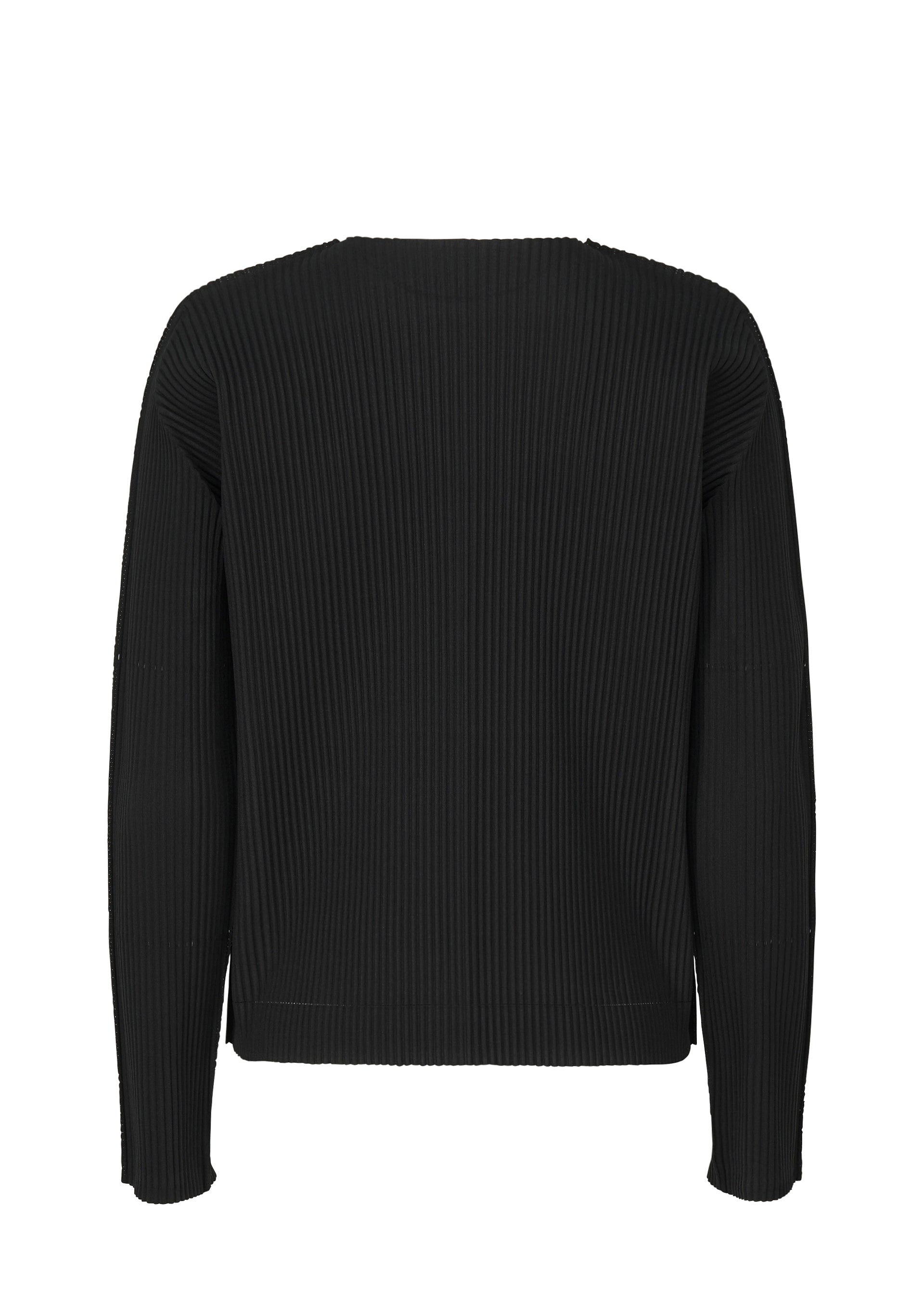 Zoomed view The FINE KNIT PLEATS BLACK long-sleeved top by me ISSEY MIYAKE is shown from the back against a plain white background.
