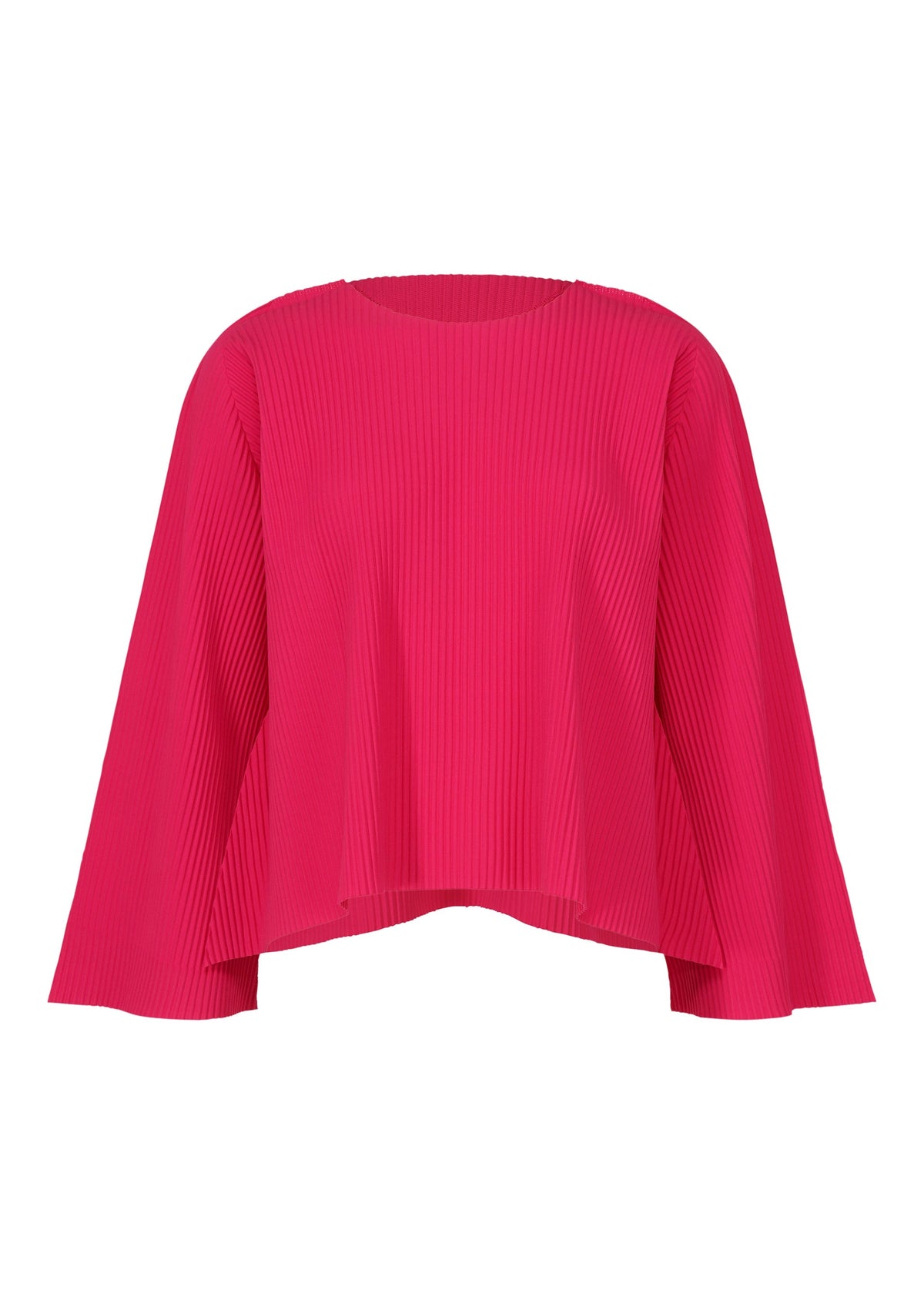 The FLARE PLEATS top by me ISSEY MIYAKE is a bright pink, long-sleeved piece with fine knit pleats, loose fit, wide flared sleeves, and is shown on a plain white background. view 2 of 8