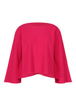 The FLARE PLEATS top by me ISSEY MIYAKE is a bright pink, long-sleeved piece with fine knit pleats, loose fit, wide flared sleeves, and is shown on a plain white background. - RASPBERRY （no.23）