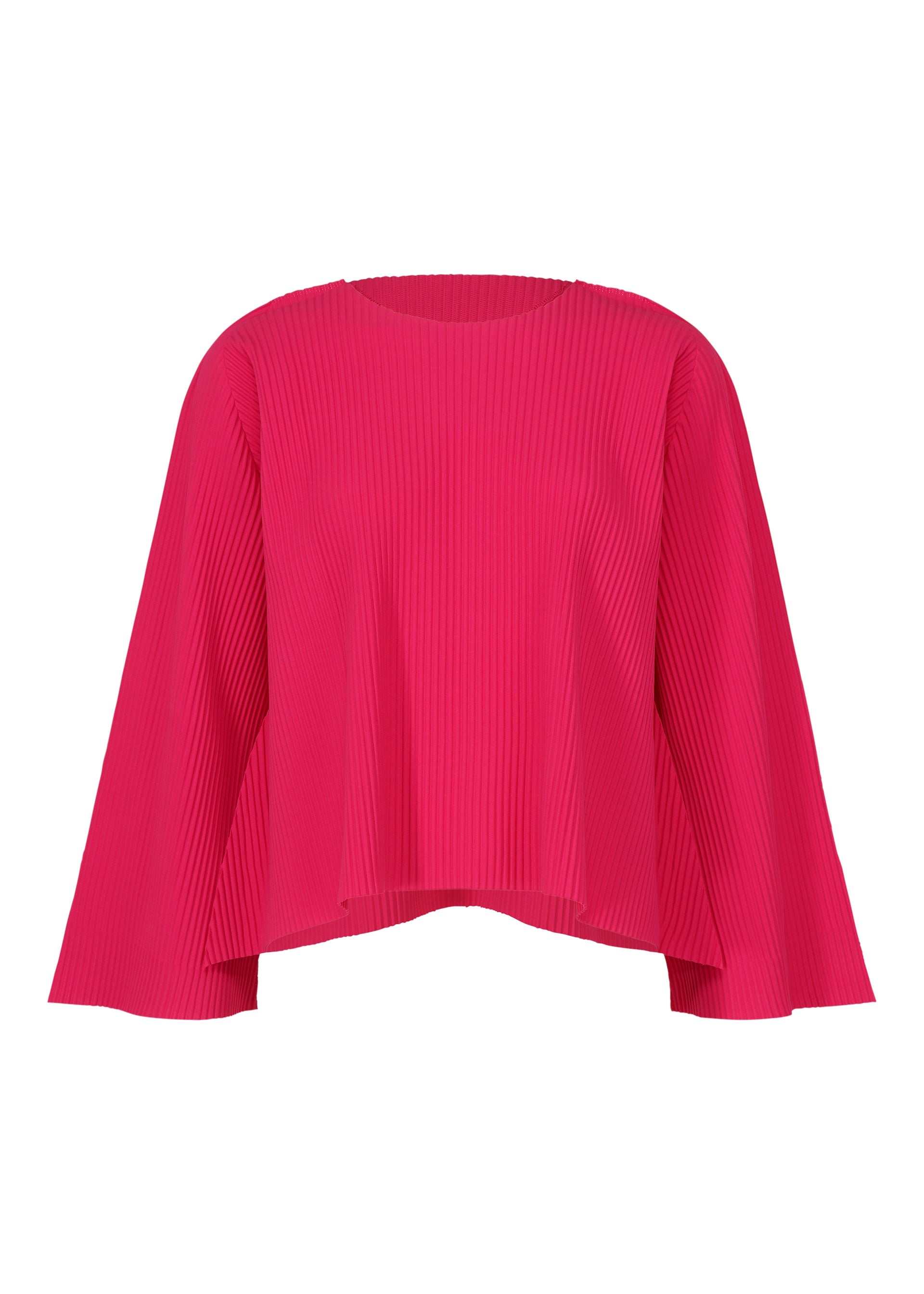 Zoomed view The FLARE PLEATS top by me ISSEY MIYAKE is a bright pink, long-sleeved piece with fine knit pleats, loose fit, wide flared sleeves, and is shown on a plain white background. - RASPBERRY （no.23）