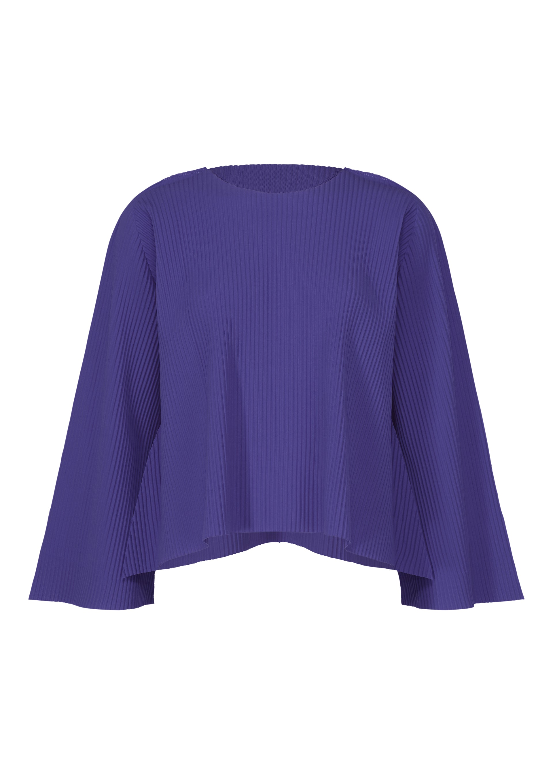 Zoomed view The FLARE PLEATS top by me ISSEY MIYAKE is a long-sleeved, deep purple garment with fine knit pleats and a round neckline for added texture and style. - COBALT BLUE （no.74）
