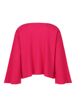 The FLARE PLEATS top by me ISSEY MIYAKE is a bright pink, long-sleeved knit with fine pleats, wide sleeves, and a slightly cropped hem for a loose, flared silhouette. Displayed on a white background.