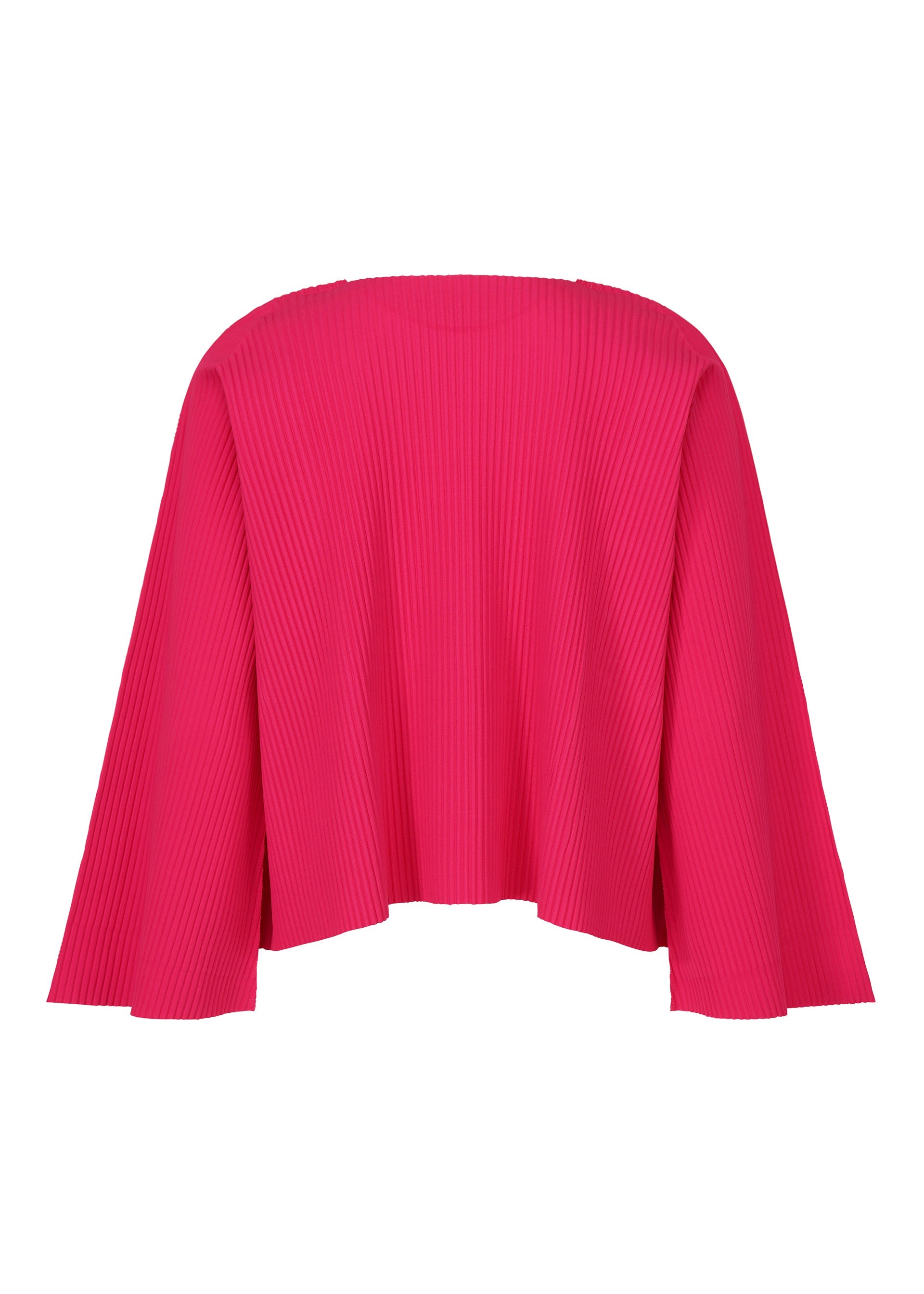 Zoomed view The FLARE PLEATS top by me ISSEY MIYAKE is a bright pink, long-sleeved knit with fine pleats, wide sleeves, and a slightly cropped hem for a loose, flared silhouette. Displayed on a white background.