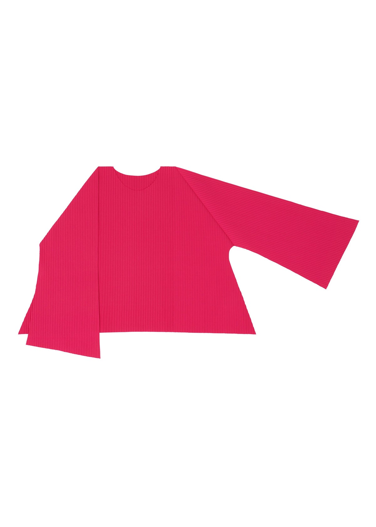 The FLARE PLEATS top by me ISSEY MIYAKE is bright pink with long sleeves, a flared ribbed silhouette, and asymmetric hem and sleeves, shown against a white background. view 5 of 8