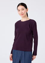 A woman wears the FINE KNIT PLEATS COLOR 1 long-sleeved top by me ISSEY MIYAKE in purple.