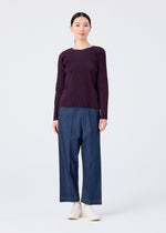 A woman faces forward against a white background, wearing the me ISSEY MIYAKE FINE KNIT PLEATS COLOR 1 long-sleeved dark purple top, wide-leg blue pants, and white slip-on shoes.