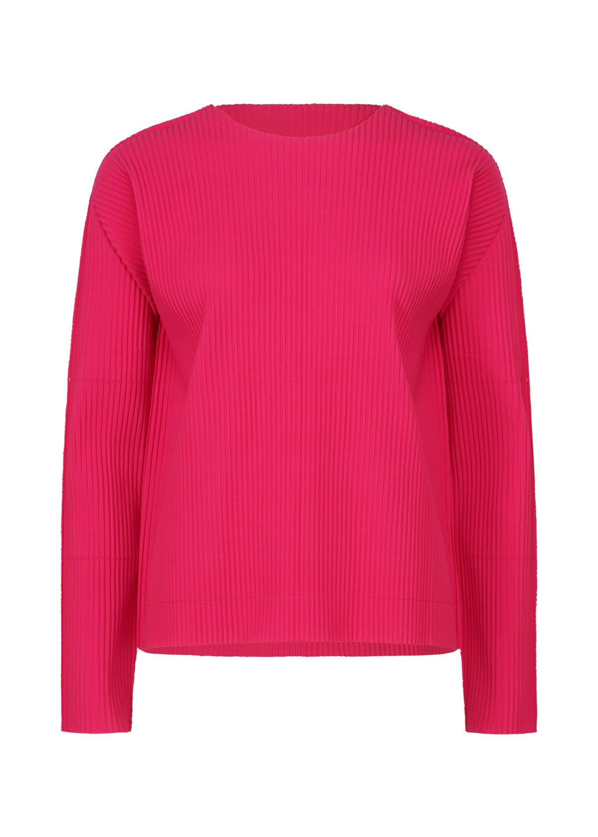 The FINE KNIT PLEATS COLOR 1 by me ISSEY MIYAKE is a bright pink, long-sleeved top with vertical textured lines, fine knit pleats, a round neckline, and a relaxed fit, displayed on a plain white background. view 2 of 8