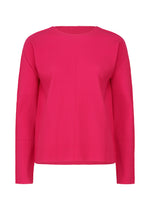 The FINE KNIT PLEATS COLOR 1 by me ISSEY MIYAKE is a bright pink, long-sleeved top with vertical textured lines, fine knit pleats, a round neckline, and a relaxed fit, displayed on a plain white background. - RASPBERRY （no.23）