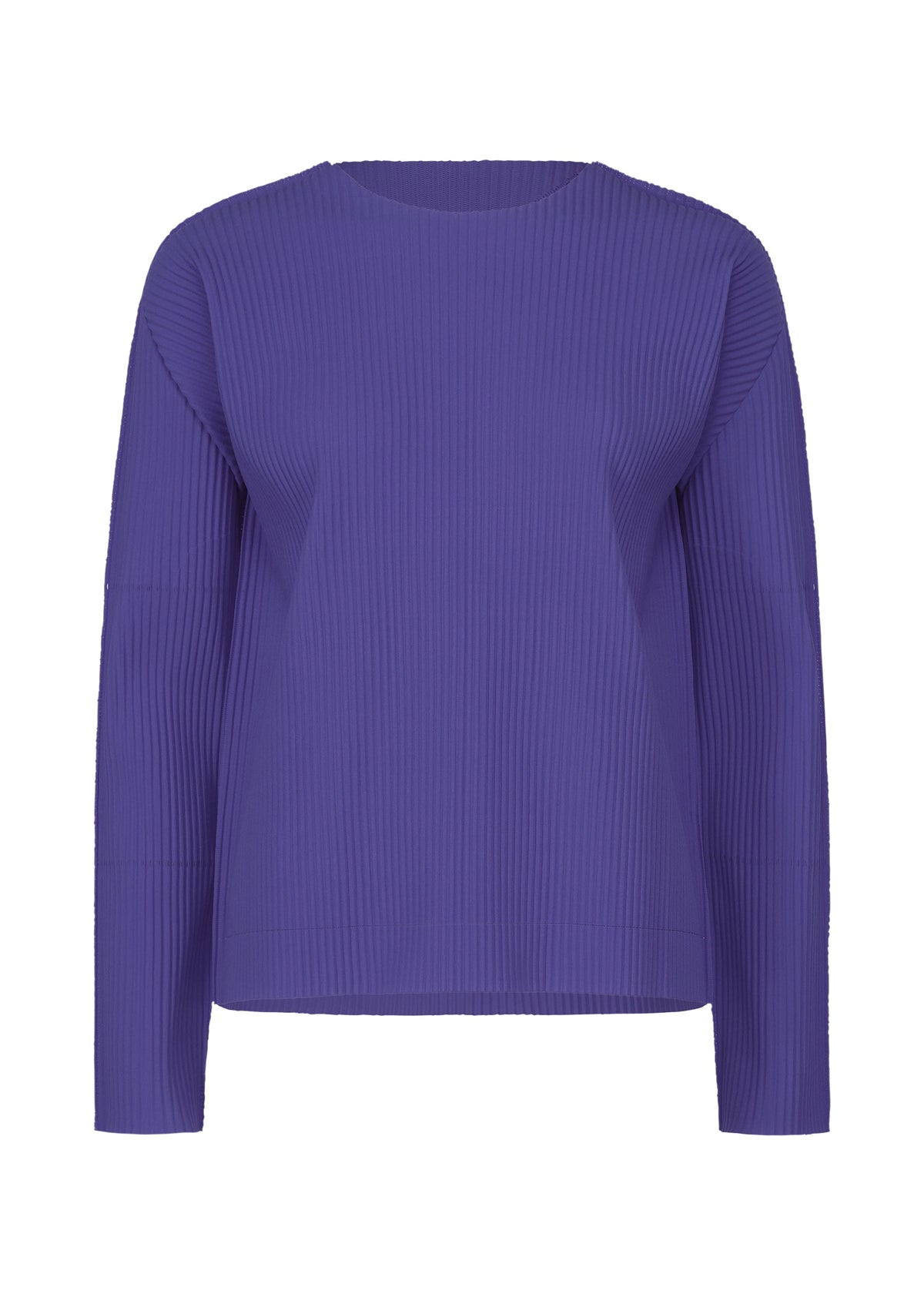 The FINE KNIT PLEATS COLOR 1 by me ISSEY MIYAKE is a long-sleeve, round-neck top with ribbed texture and fine knit pleats in solid purple, displayed on a plain white background. view 3 of 8