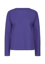 The FINE KNIT PLEATS COLOR 1 by me ISSEY MIYAKE is a long-sleeve, round-neck top with ribbed texture and fine knit pleats in solid purple, displayed on a plain white background. - COBALT BLUE （no.74）