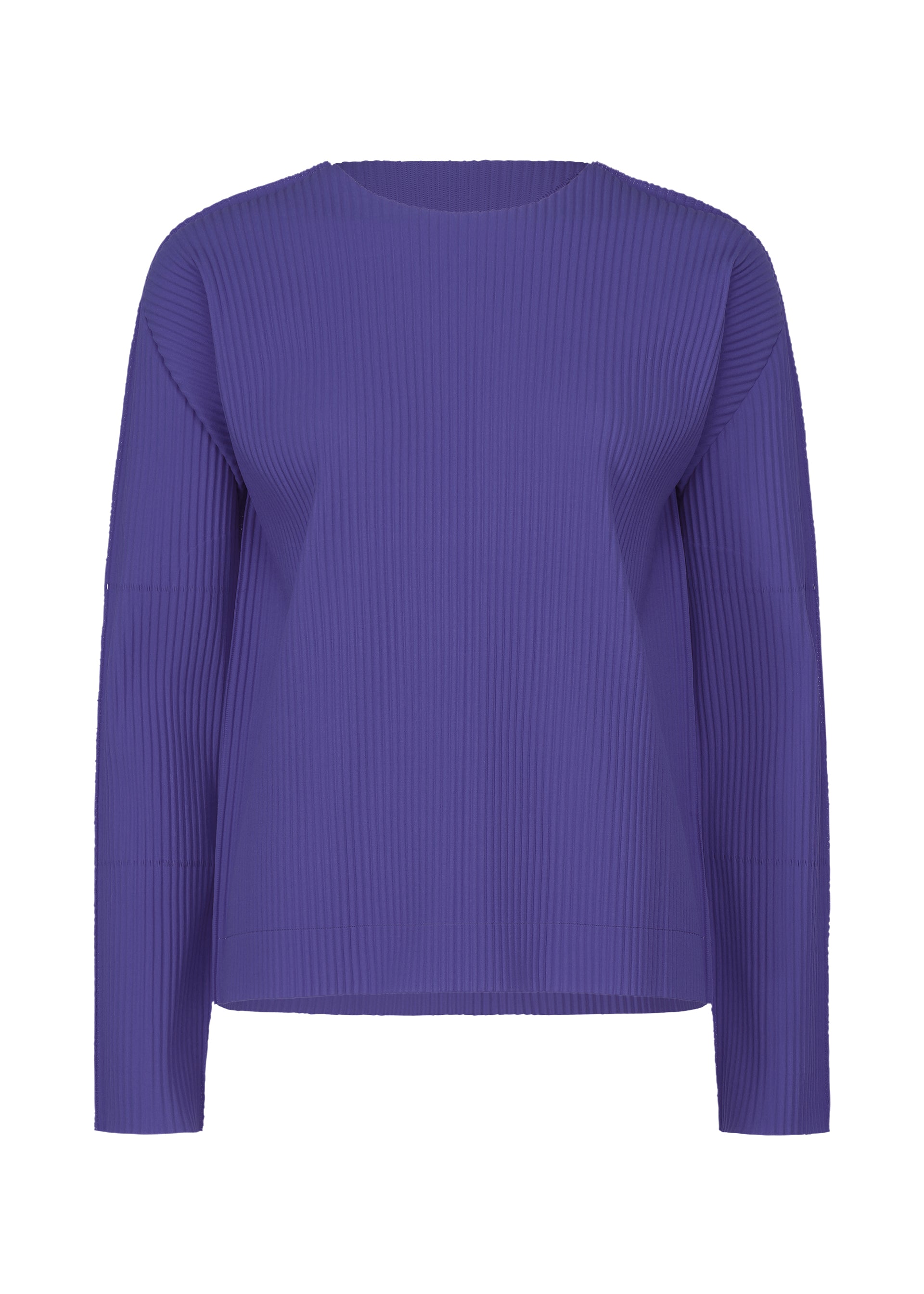 Zoomed view The FINE KNIT PLEATS COLOR 1 by me ISSEY MIYAKE is a long-sleeve, round-neck top with ribbed texture and fine knit pleats in solid purple, displayed on a plain white background. - COBALT BLUE （no.74）