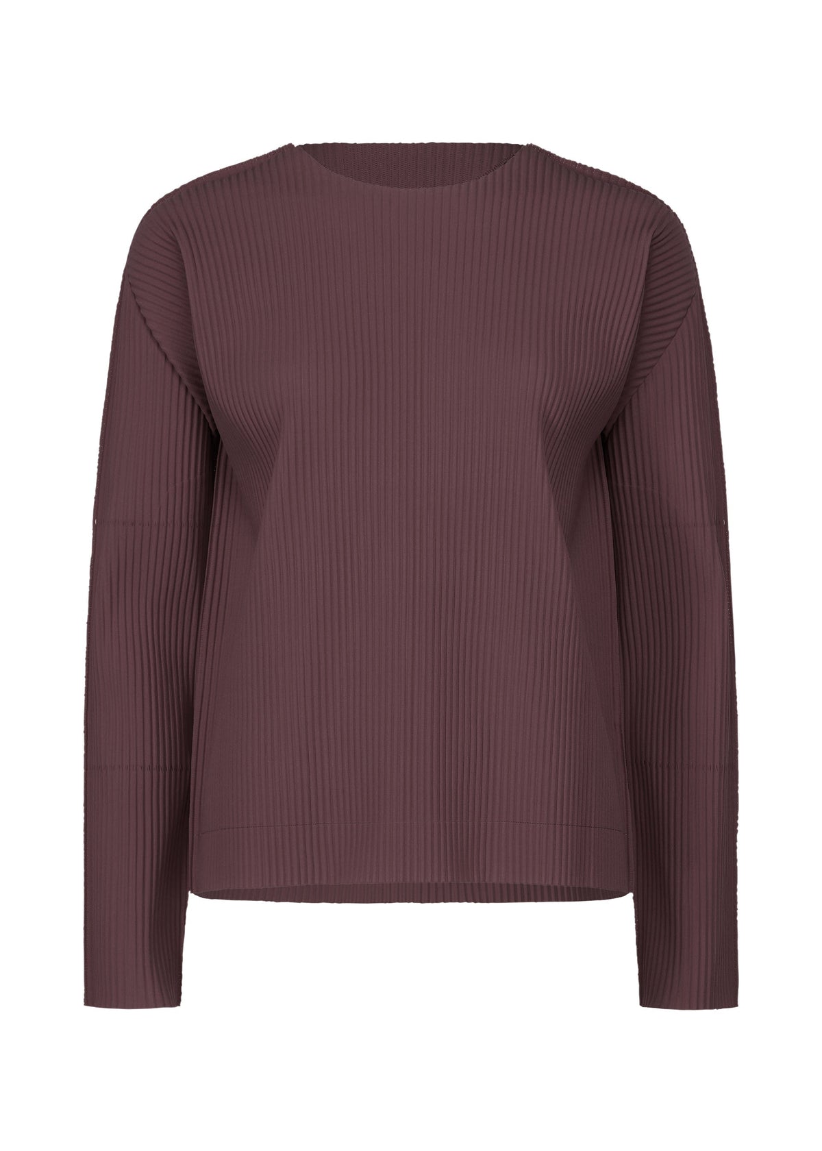 The FINE KNIT PLEATS COLOR 1 by me ISSEY MIYAKE is a solid mauve, long-sleeved ribbed pullover with fine knit pleats and a round neck, featuring a relaxed, boxy fit. Shown on a plain white background. view 4 of 8