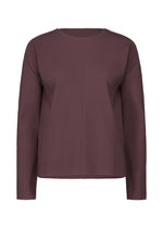The FINE KNIT PLEATS COLOR 1 by me ISSEY MIYAKE is a solid mauve, long-sleeved ribbed pullover with fine knit pleats and a round neck, featuring a relaxed, boxy fit. Shown on a plain white background. - BORDEAUX （no.84）