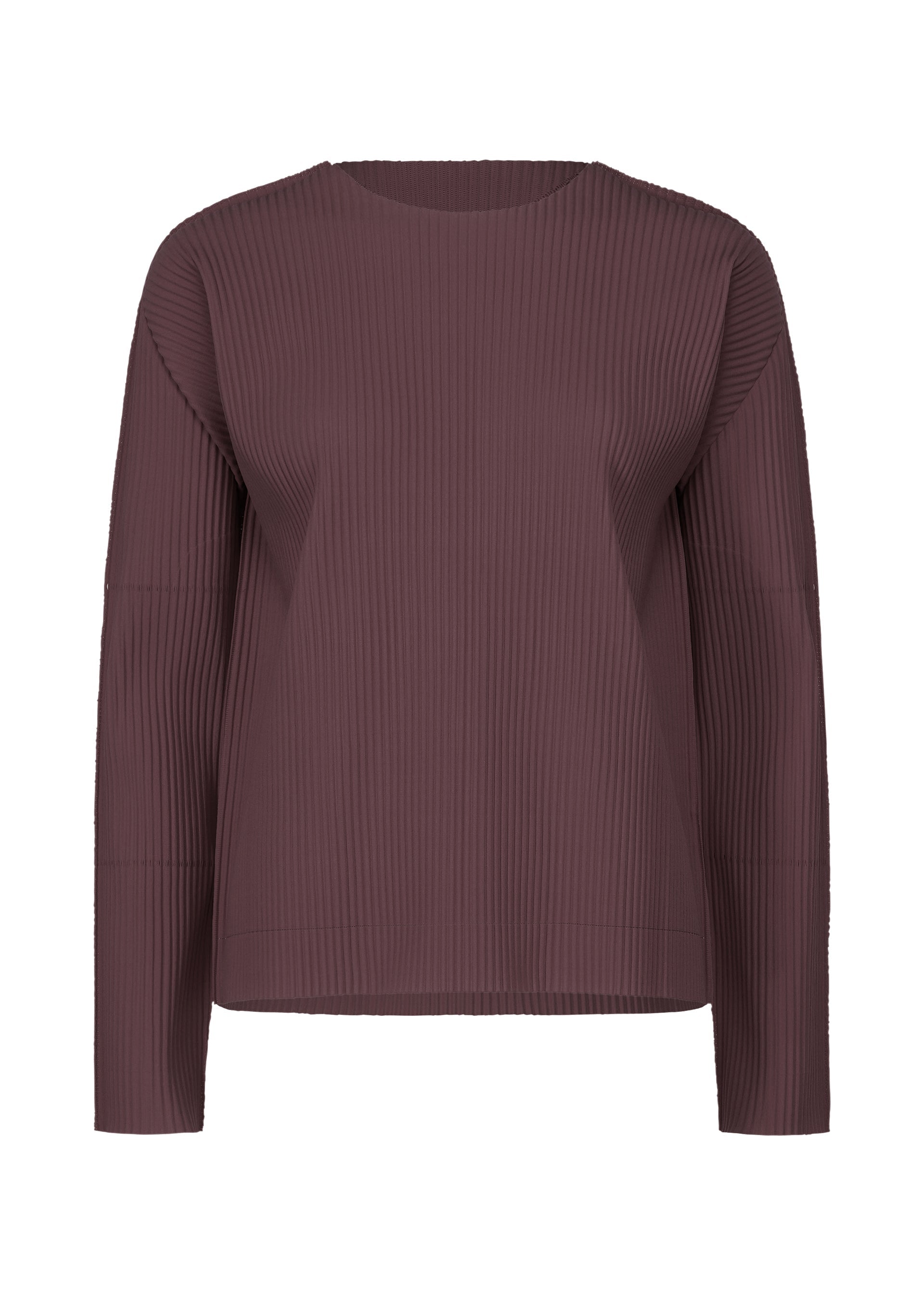 Zoomed view The FINE KNIT PLEATS COLOR 1 by me ISSEY MIYAKE is a solid mauve, long-sleeved ribbed pullover with fine knit pleats and a round neck, featuring a relaxed, boxy fit. Shown on a plain white background. - BORDEAUX （no.84）