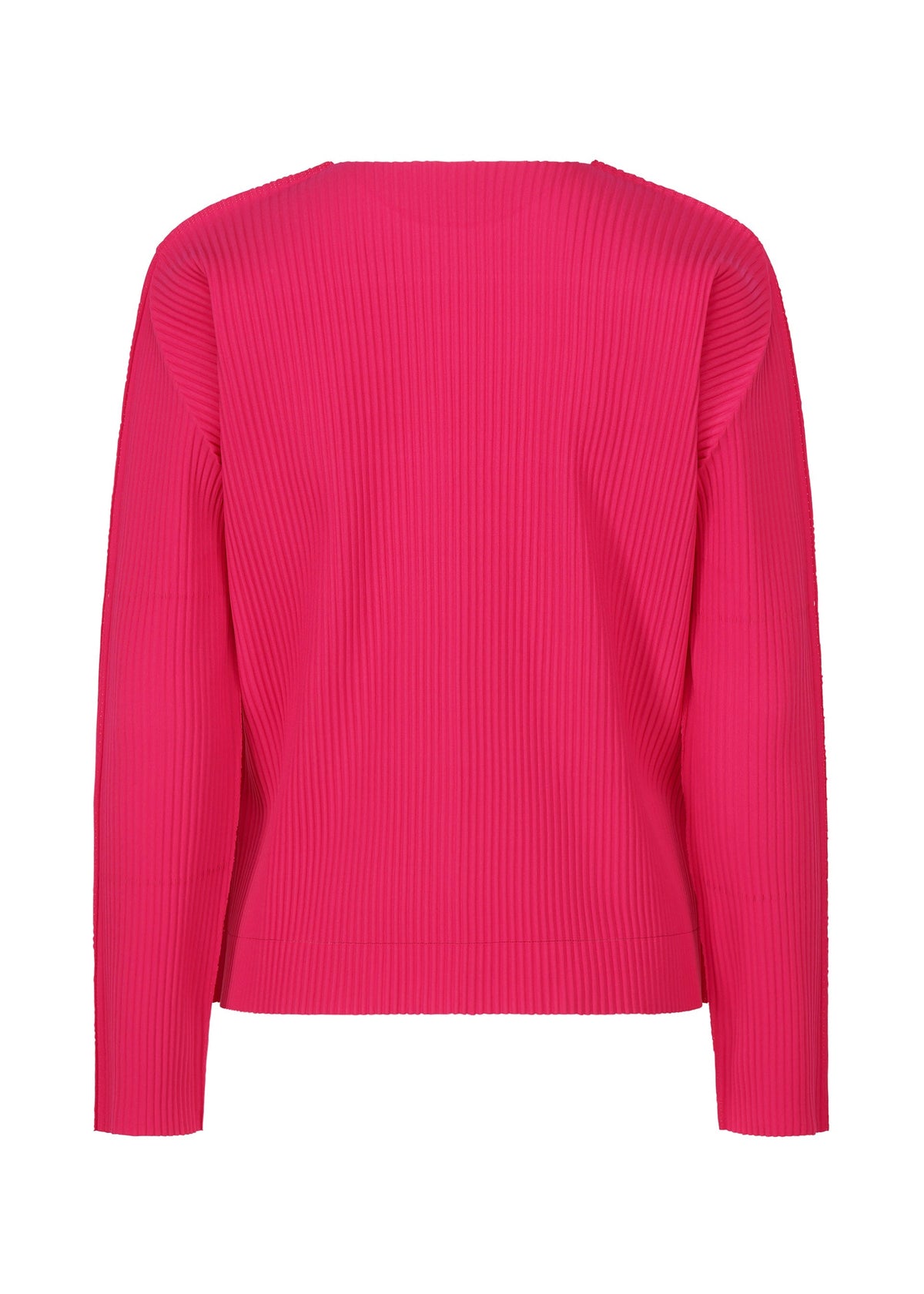The me ISSEY MIYAKE FINE KNIT PLEATS COLOR 1 sweater, shown laid flat with the back facing up on a white background, is bright pink, long-sleeved, ribbed, and features a simple round neck with no visible embellishments or fastenings. view 5 of 8